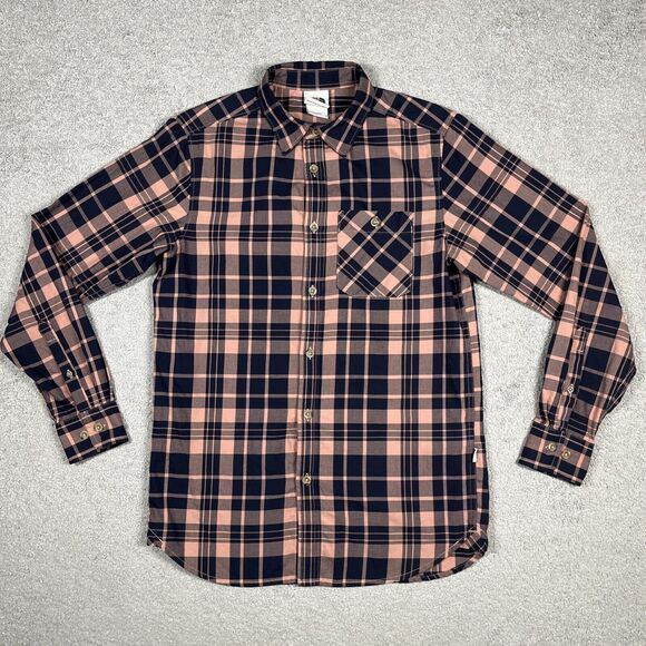 North Face Shirt Mens Small Plaid Button Up Pocket Outdoors Pink Navy Blue - Picture 2 of 12